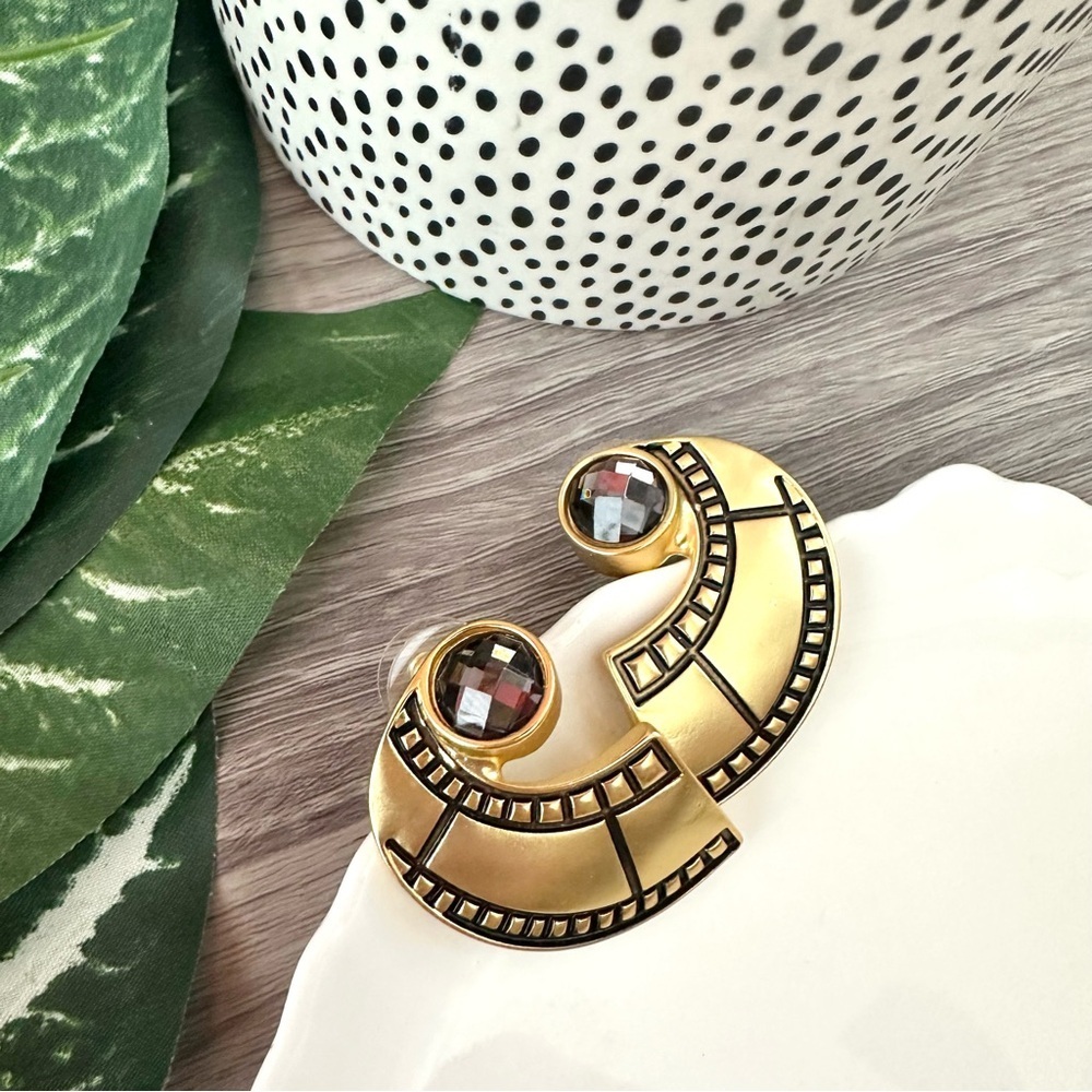 2/$30🌵 Gold Twist Gray Rhinestone Earrings Art Deco Statement Boho Jewelry NEW